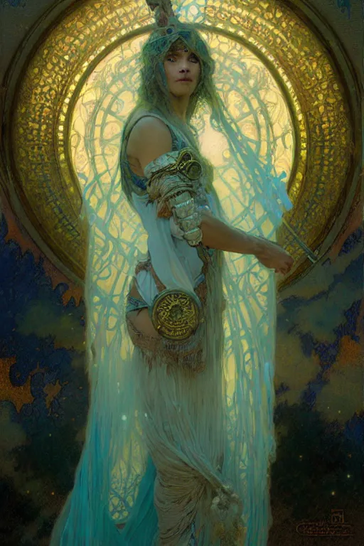 Image similar to pearlescent turquoise moon sorcerer, character design, painting by gaston bussiere, craig mullins, greg rutkowski, alphonse mucha