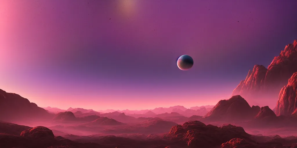 Prompt: very beautiful view of alien planet landscape at dawn, purple sky, science fiction digital art, award winning, trending on artstation, digital art. highly detailed 8 k. intricate. lifelike. soft light. nikon d 8 5 0.