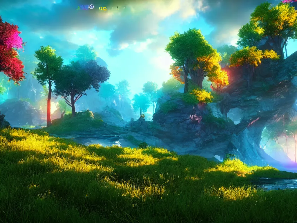 Image similar to beautiful colorful fantasy landscape, rtx, unreal engine 5, cryengine, render