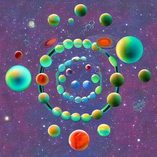 Prompt: aliens playing with marbles in shape of planets , digital art