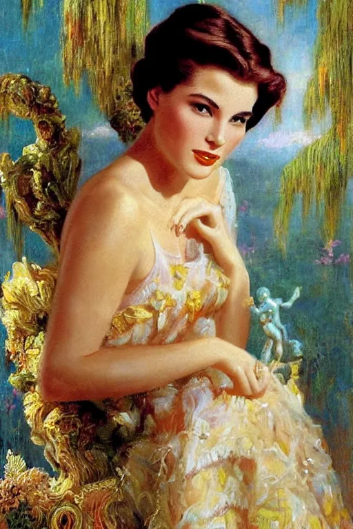 Image similar to A young and extremely beautiful Grace Kelly explaining the birds and the bees in the style of a modern Gaston Bussière, art nouveau, art deco, surrealism. Extremely lush detail. Perfect composition and lighting. Profoundly surreal. Sultry look on her face.