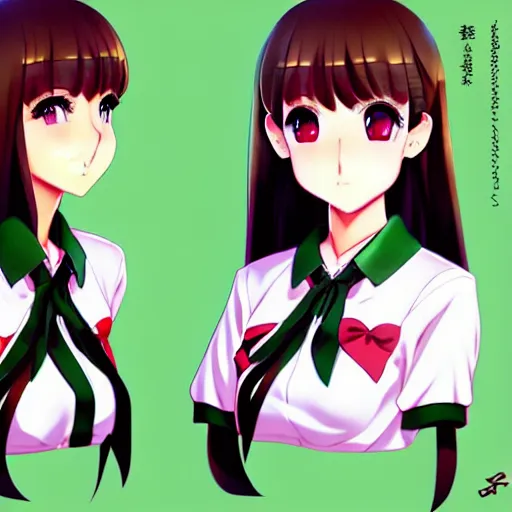 Prompt: beautiful anime high school girl, complete body view, coral brown hair, ponytail, white ribbon, green eyes, full perfect face, slightly smiling, detailed school background, drawn by Artgerm, Sasoura, Satchely, no distorsion