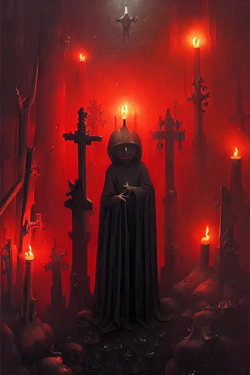 Image similar to hieronymus bosch, greg rutkowski, anna podedworna, painting of the black knight, glowing red evil lights, graveyard