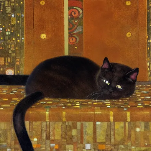 Image similar to cat sitting, Gustav Klimt, concept art, sharp, octane render, oil painting