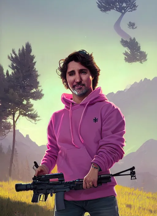 Image similar to highly detailed portrait justin trudeau in ( ( pink hoody rainbow socks ) ) holding ar - 1 5! in gta v stephen bliss unreal engine fantasy art by greg rutkowski loish rhads ferdinand knab makoto shinkai lois van baarle ilya kuvshinov rossdraws tom bagshaw global illumination radiant light detailed intricate environment