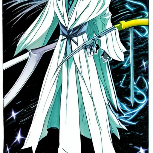 Prompt: Pikachu cosplaying Sephiroth with his long sword and a meaning face, coloured manga style