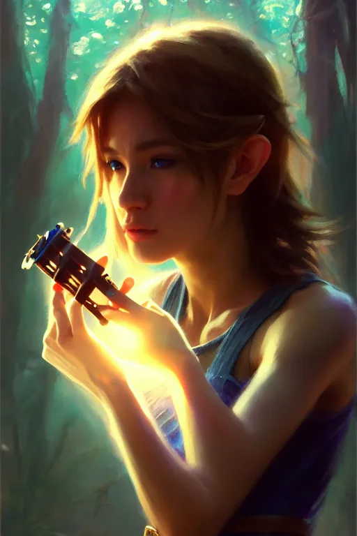 Image similar to cinematic shot of an epic portrait of link playing ocarina, shiny skin, beautiful eyes, beautiful, small details, night setting, realistic poster with volumetric light from craig mallism, artgerm, jeremy lipkin and michael garmash, unreal engine, radiant light, detailed and complex environment, digital art, trends at art station, a masterpiece