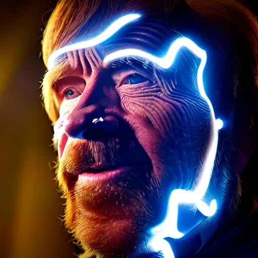 Image similar to uhd candid photo of cosmic chuck norris powering up, glowing, global illumination, studio lighting, radiant light, hyperdetailed, correct face, elaborate intricate costume. photo by annie leibowitz