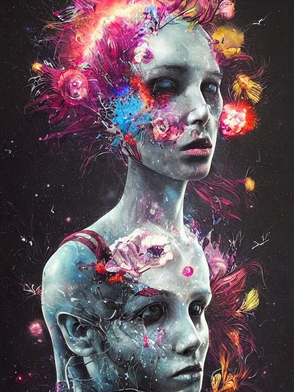 Prompt: art portrait of space zombie with flower exploding out of head,8k,by tristan eaton,Stanley Artgermm,Tom Bagshaw,Greg Rutkowski,Carne Griffiths,trending on DeviantArt,face enhance,hyper detailed,minimalist,cybernetic, android, blade runner,full of colour