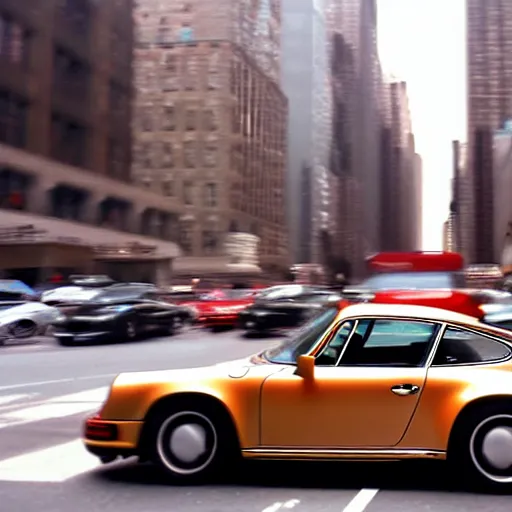 Prompt: photo of a porsche 9 1 1 9 6 4 speeding through nyc, cinematic, motion blur