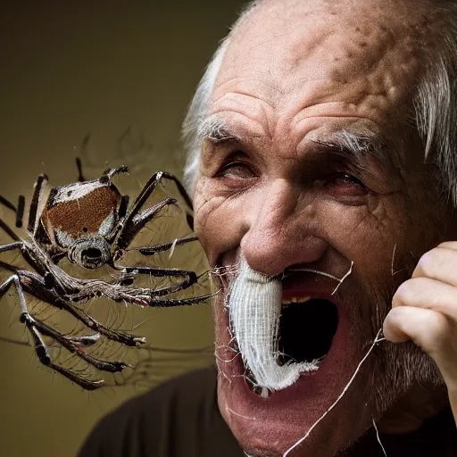 Image similar to National Geographic photo of angry old man with spiders in his mouth