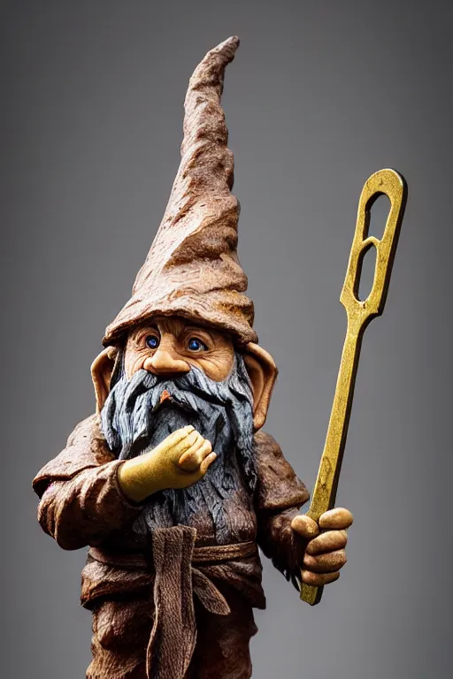 Image similar to photo taken of an epic intricate, ultra detailed, super realistic sculpture of gnome holding a pitchfork, sculpture on display, created by weta workshop, photorealistic, sharp focus, f 0. 4, face centred, golden ratio