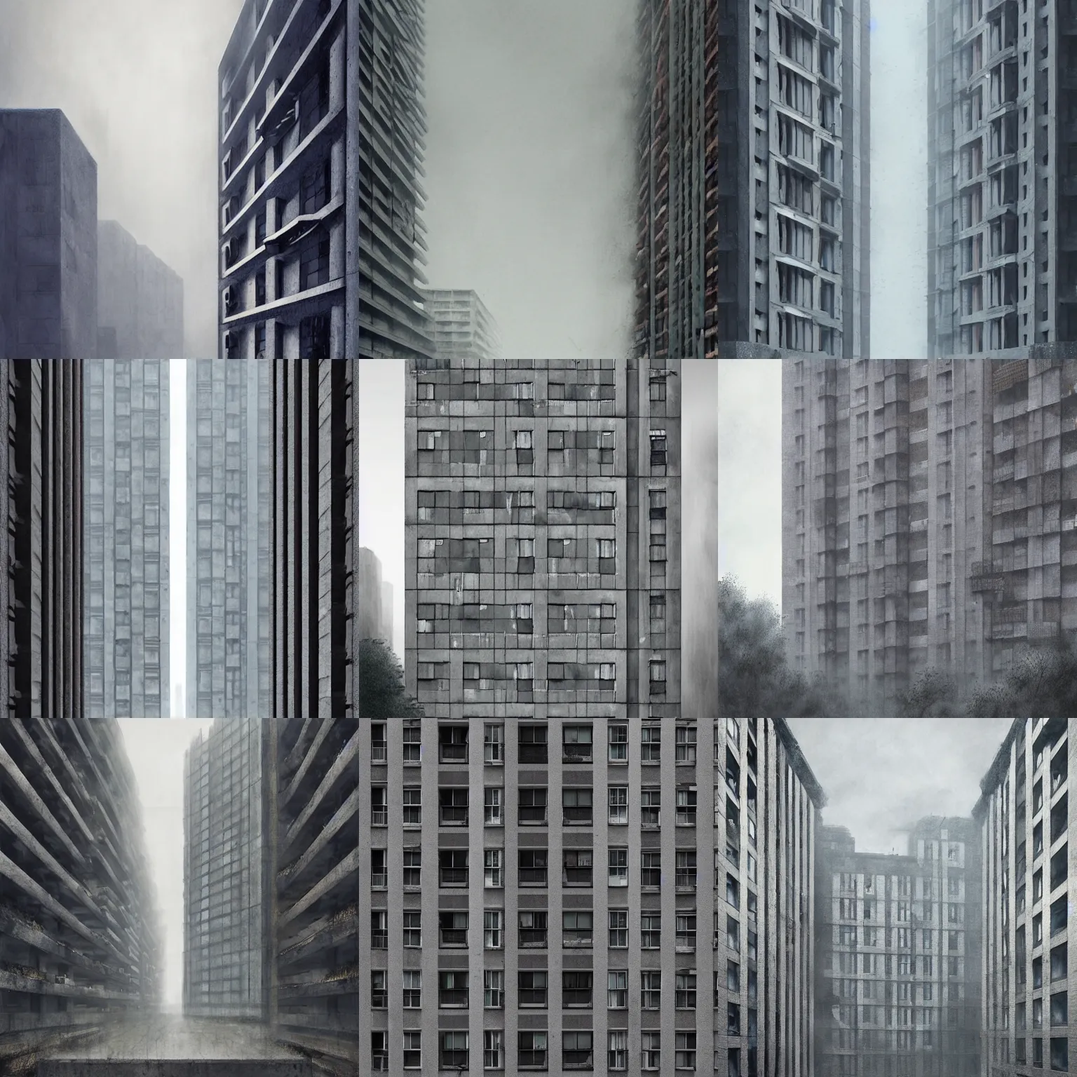 Prompt: city landscape giant endless brutalist commieblocks concrete - paneled apartment building block of flats photorealistic house grey eerie by greg rutkowski illustration art perspective cloudy