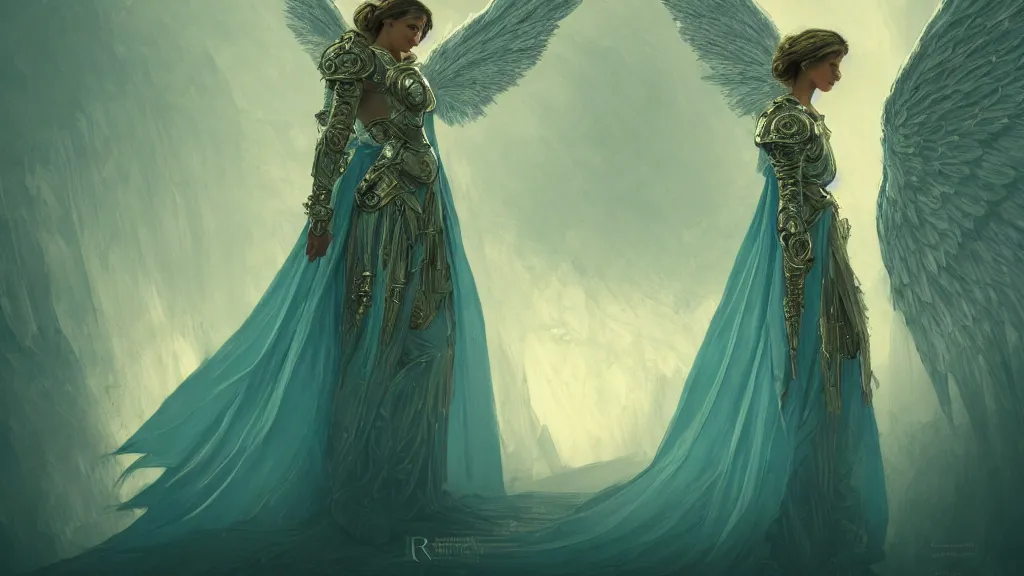 Image similar to angel, big wings, low key light, full plate armor with cloth, f 1 6, bokeh, medium portrait, gentle, female, ornate city ruins, landscape, d & d, fantasy, intricate, elegant, highly detailed, teal white gold color palette, roger deakins, sharp focus, concept art, greg rutkowski and alphonse mucha