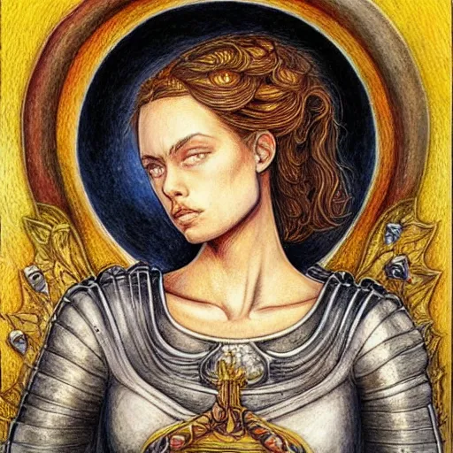 Prompt: most beautiful jeanne d'arc in the style of william blake, terese nielsen, detailed, intricate, beautiful faces, steve argyle, epic, mesmerizing, triumphant fate, pastoral fantastic reality