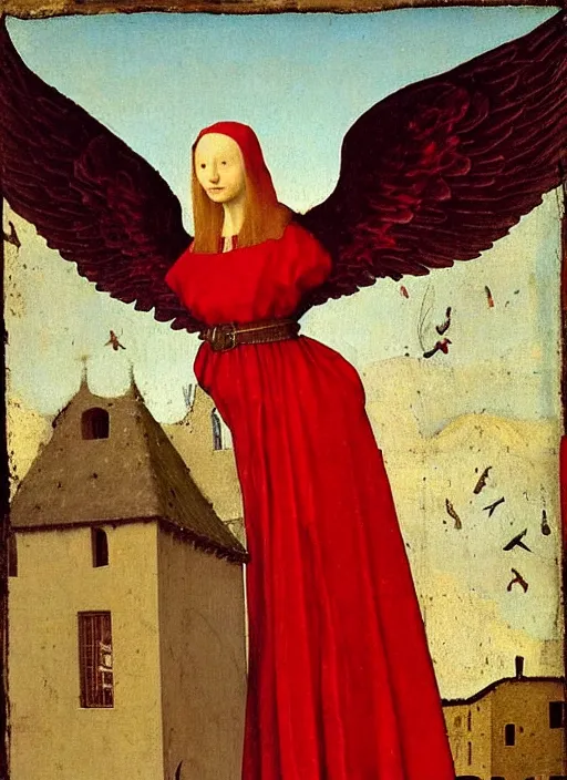 Image similar to Flying Fallen Angel with wings dressed in red, Medieval painting by Jan van Eyck, Johannes Vermeer, Florence