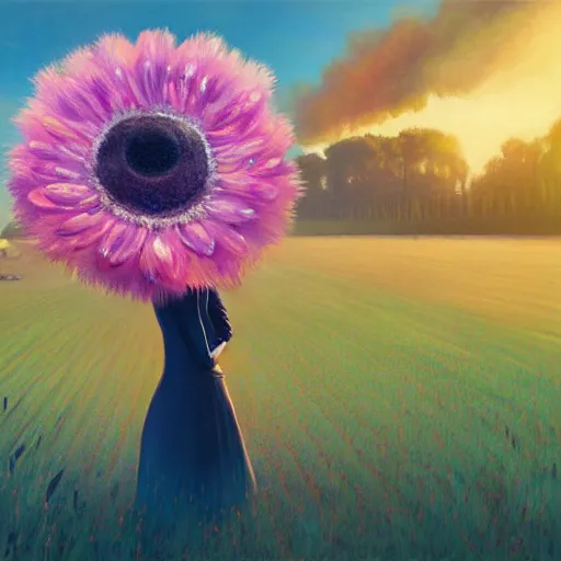 Prompt: giant daisy flower head, frontal, girl in a suit, surreal photography, sunrise, dramatic light, impressionist painting, digital painting, artstation, simon stalenhag