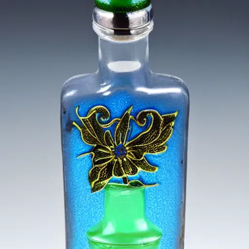 Prompt: vodka bottle in a plique - a - jour enameling technique