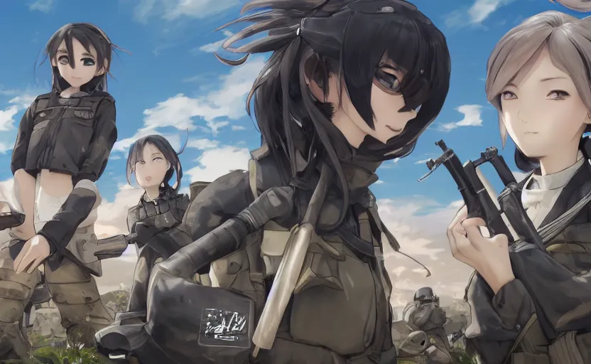 Image similar to panoramic view, girl, soldier clothing, battlefield in background, anime style, short hair, hair down, realistic anatomy, symmetrical facial features, from arknights, hyper realistic, 4 k, extreme detail, detailed drawing, trending artstation, safebooru, pixiv, realistic lighting, by alphonse mucha, greg rutkowski, sharp focus, backlit