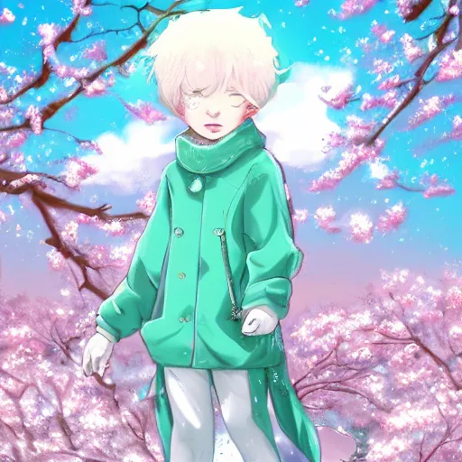 Image similar to aesthetic portrait commission of a albino male anthro liger under a cherry blossom tree bubble filled while wearing a cute mint colored cozy soft pastel winter outfit with pearls on it, winter atmosphere. character design by artgerm, and makoto shinkai, detailed, inked, western comic book art, 2 0 2 0 award winning painting