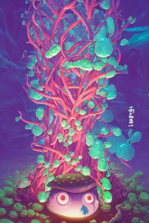 Image similar to roots cactus sushi cristal smurf ghost creature animal sushi cristal very big eye roots cactus elemental flush of force nature micro world fluo fishscale, behance hd by jesper ejsing, by rhads, makoto shinkai and lois van baarle, ilya kuvshinov, rossdraws radiating a glowing aura global illumination ray tracing hdr