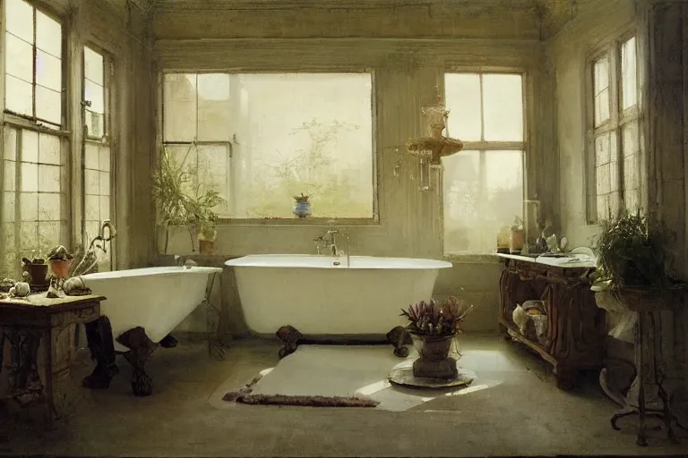 Prompt: an antique bathroom, clean architecture, a clawfoot bathtub, towels table, some plants, dappled light, peaceful, serge marshennikov, jeremy lipking, rembrandt