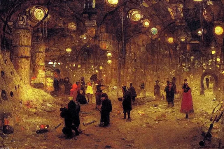 Prompt: people explore an underground city made of pipes, string lights, market place, by Ilya Repin