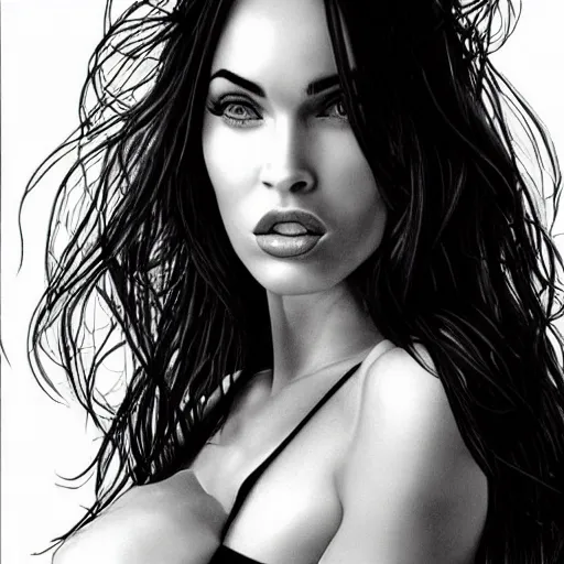 Image similar to megan fox portrait, hyper - realistic black and white drawing, hyper detailed, in the style of den yakovelv