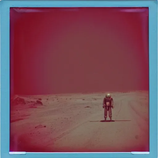 Image similar to vintage polaroid of a roswell grey alien sighting, warm azure tones, red color bleed, film grain