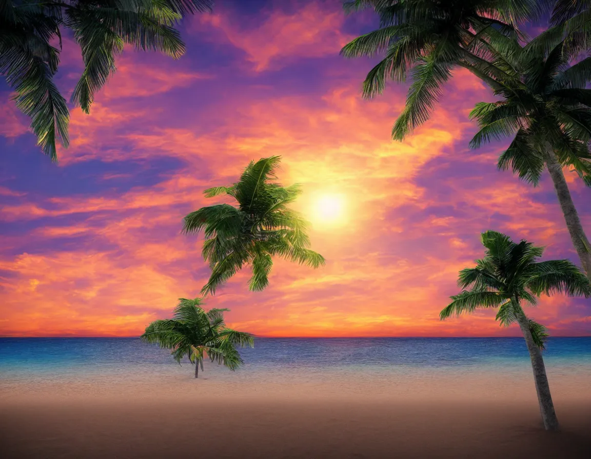 Prompt: photo of ultra realistic heart / shaped sandy beach island with exotic palm tree, sunset lighting