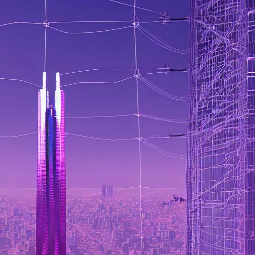 Prompt: Futuristic Pagoda Skyscraper with web of electric cables in Tokyo City in purple. ArtStation, Cyberpunk, Vertical Symmetry, 8K, Highly Detailed, Intricate, Album Art.