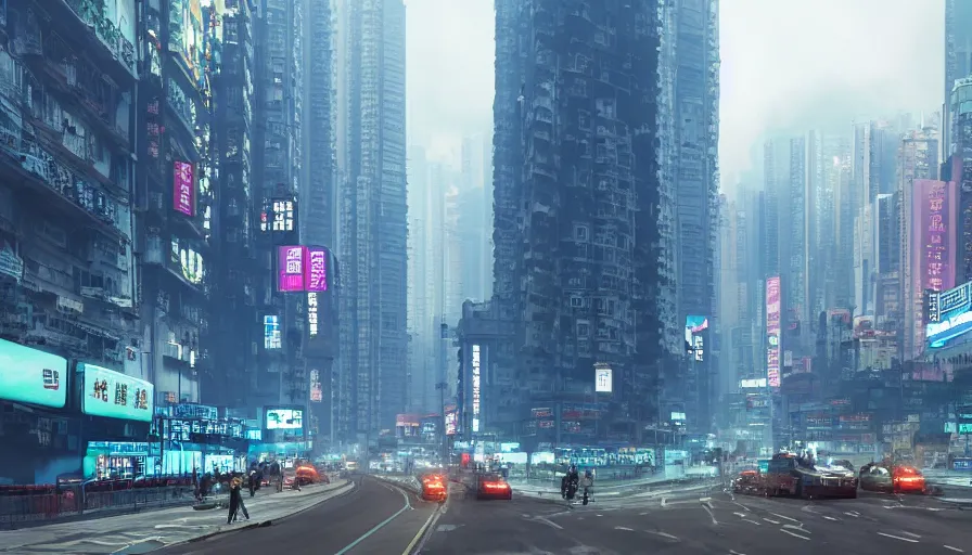 Image similar to Hong Kong in 2077, cyberpunk, steam covering the road,