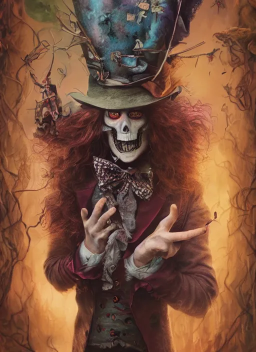 Prompt: alice in wonderland mad hatter the magician tarot card, highly detailed, half skull face, cinematic, 8 k, by stanley artgermm, tom bagshaw, greg rutkowski, carne griffiths, ayami kojima, beksinski, giger, trending on deviantart, hyper detailed, horror, full of colour