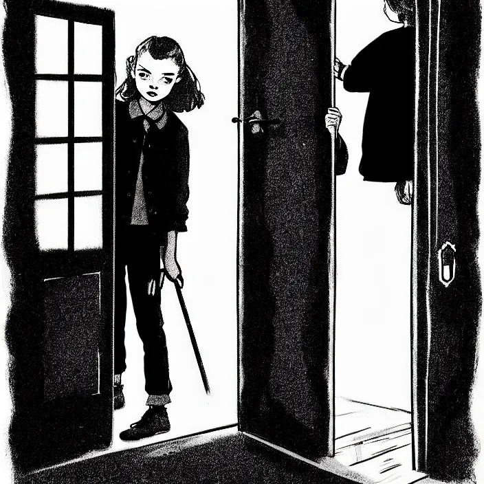 Image similar to [ sadie sink in dirty workmen clothes opens the door to enter ] [ a very dark dingy 1 9 6 0 s house ]. technique : black and white pencil and ink. by gabriel hardman, joe alves, chris bonura. cinematic atmosphere, detailed and intricate, perfect anatomy