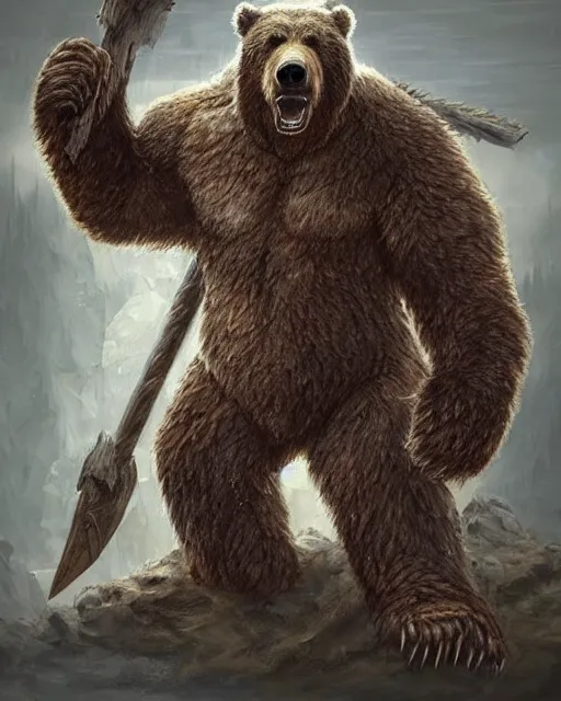 Image similar to anthropomorphic rugged grizzly bear!!! with furry!! oversized barbarian muscular armored upper body, action battle pose,long hair, 👅 👅 , D&D, fantasy, intricate, elegant, highly detailed, digital painting, artstation, concept art, smooth, sharp focus, illustration, art by artgerm and beeple and greg rutkowski and alphonse mucha