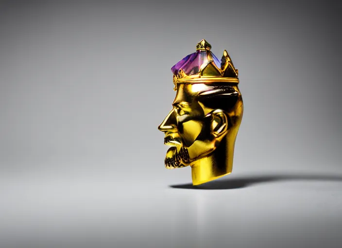 Image similar to a macro photo still of a king head shaped gemstone in the shape of a king head shaped like a kings head, 8 k studio lighting, key light, back lighting