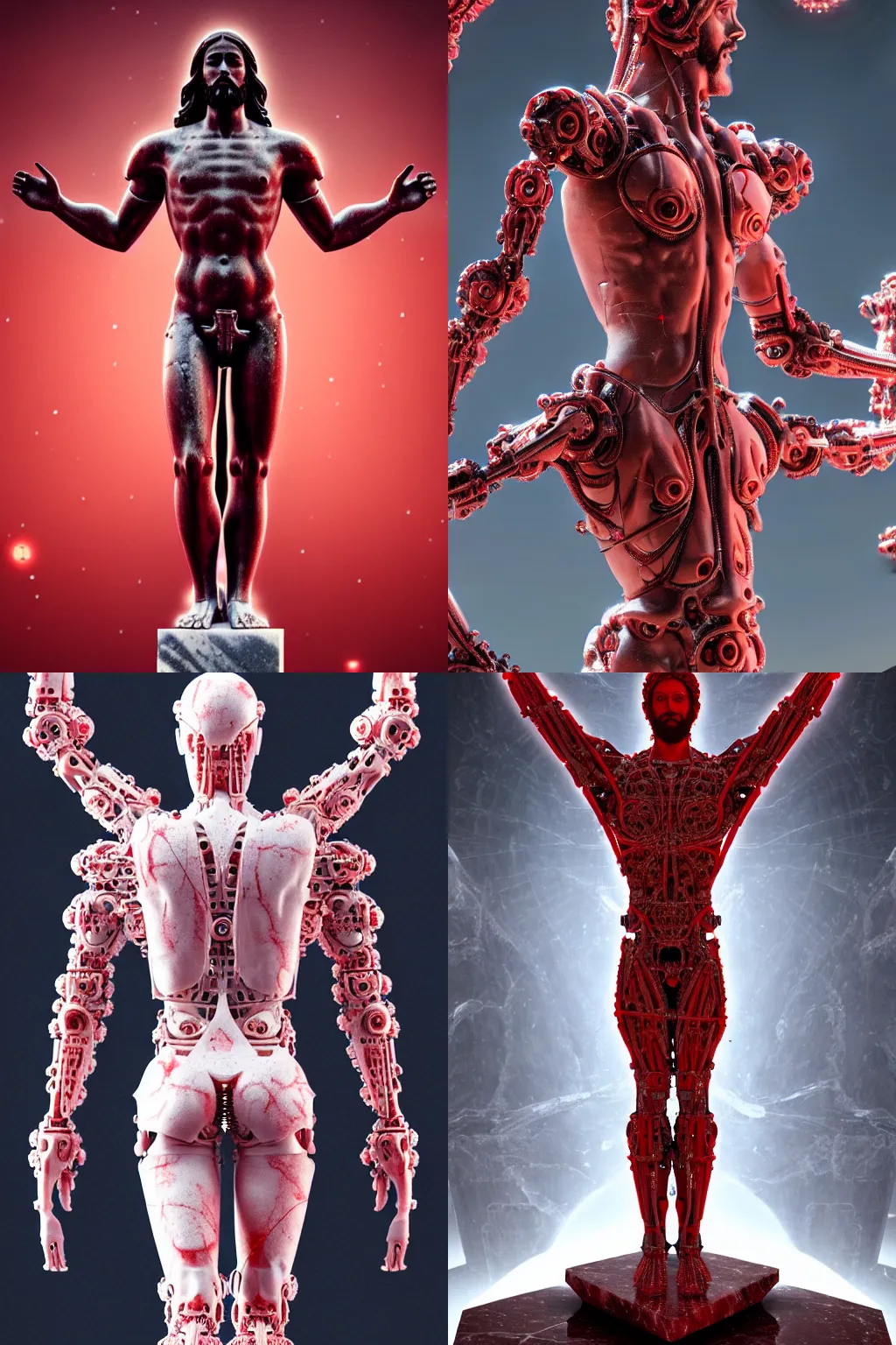 Prompt: jesus on cross a statue made of red marble, perfect symmetrical body, full body shot, white biomechanical, wearing epic bionic cyborg implants, masterpiece, intricate, biopunk, vogue, highly detailed, artstation, concept art, background galaxy, cyberpunk, octane render