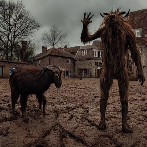 Image similar to horror, moody, still from film, daytime, muddy village square, wide shot, screeching mutant goat monster, powerful and huge, creeping on legs with hands where feet should be, mouth crammed full of filthy jagged teeth, matted brown fur, in muddy medieval village square