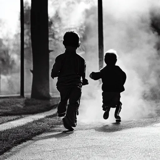 Image similar to child running, away from a house fire, kodak tri-x style, portrait, moody lighting