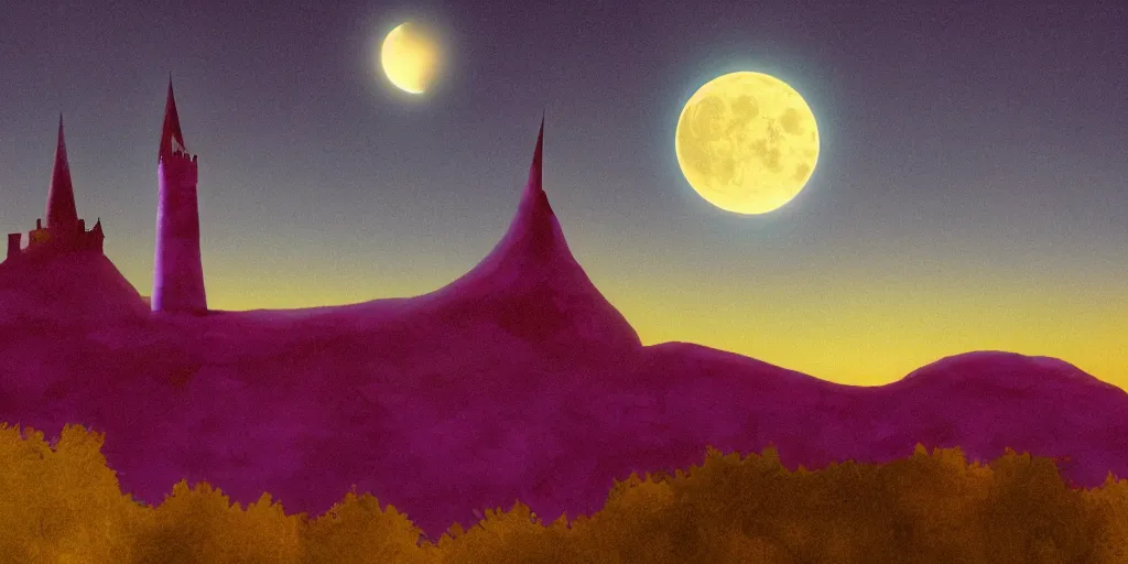 Prompt: a tall pointy castle atop a steep mountain, purple fog engulfs the ground below and a big yellow glowing crescent moon lingers above