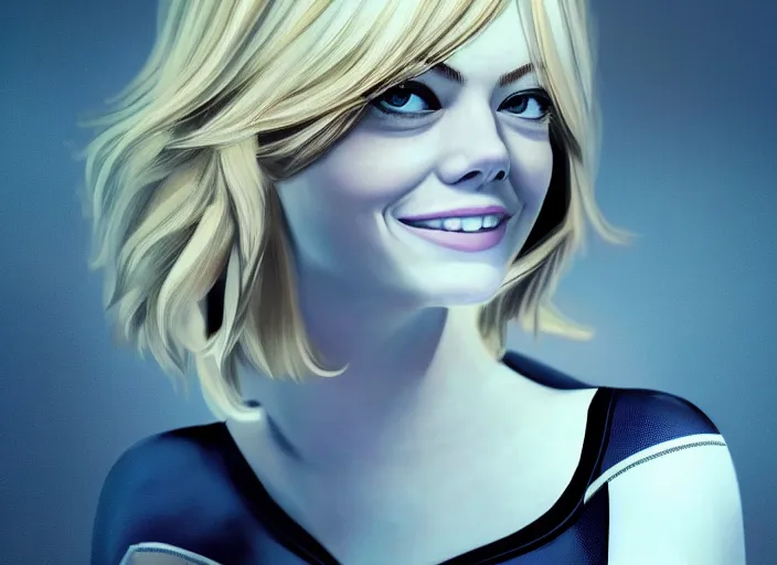 Image similar to Emma stone is gwen stacy spider man, spider woman, Emma stone with blond hair, blond, full body photo, in gwen stacy spider suit, white spider suit, smooth face, posing for camera, cinematic, epic background action pose, hyper realism, artstation, 8k, photoshoot