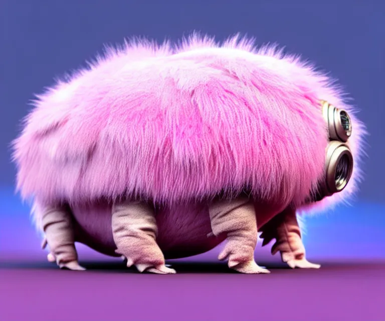 Image similar to high quality 3 d render hyperrealistic very cute small tardigrade, plush mascot, short spiky dense fluffy smooth hair, photo from the side, pink fluffy fur, 1 5 0 mm, beautiful natural soft light, rim light, vray, smooth background, artstation, ultra detailed