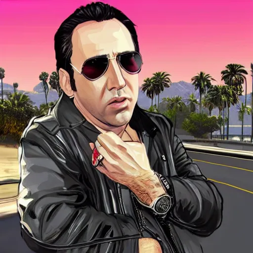 Prompt: Nicholas Cage in GTA V . Los Santos in the background, palm trees. In the art style of Stephen Bliss