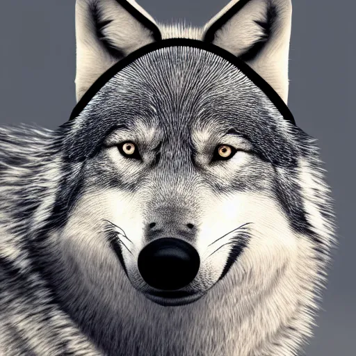 Image similar to portrait of a wolf in a black cap with a visor and a black sweatshirt, a necklace of white pearls around his neck, ultra detailed,photorealistic, 8k, HD, blender, high quality,