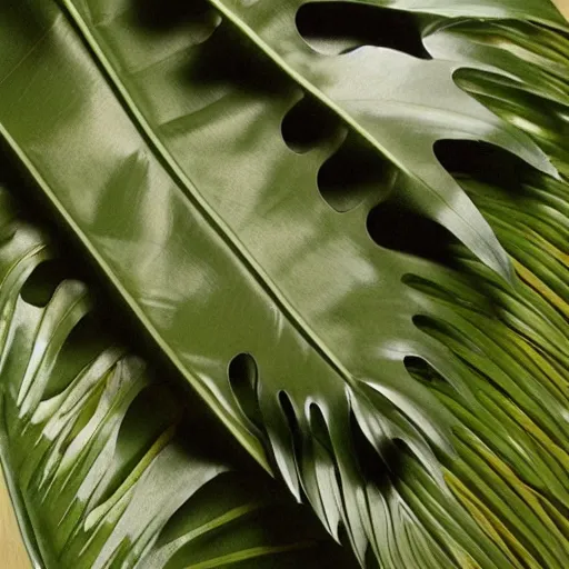 Prompt: an armor made of monstera leaves. bio punk.