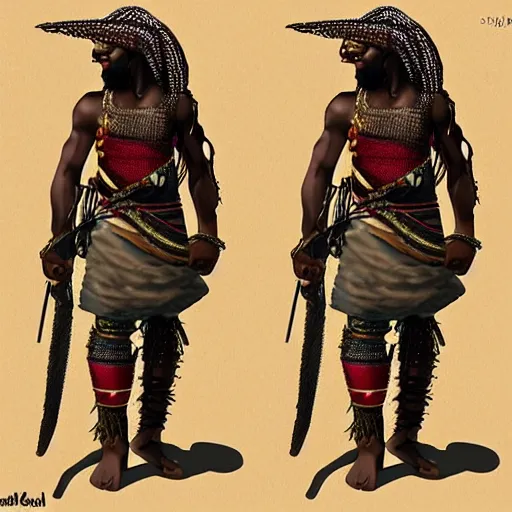 Prompt: stunning character design of a Nigerian warrior, highly detailed digital art