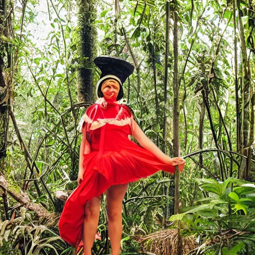 Image similar to a roset conrad of reimu in the jungle wearing bonnet