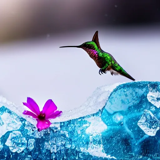 Prompt: a hummingbird finding a beautiful flower, entrapped in ice, only snow in the background, beautiful macro photography, warm ambient light