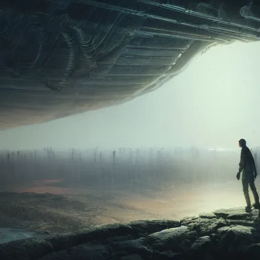 Image similar to highly detailed subjective painting outlining the apprehension of mankind at the dawn of artificial general intelligence by greg rutkowski, by james paick, by hernando gaswater, 4 k resolution, octane render, dark moody muted color scheme, utopian dread