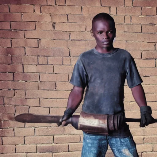 Prompt: a photo of a blacksmith kid holding big hammer by terry richardson